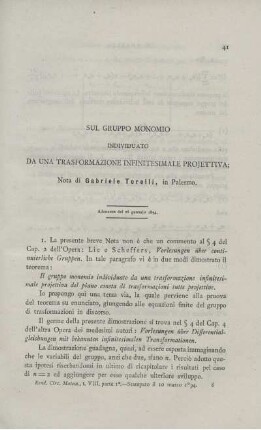 Sul gruppo monmio individuato da una trasformazione infinitesimale projettiva.