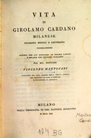 Vita di Girolamo Cardano ...