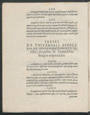 Theses De Universali Apoplexia Ex Inflammationibus Cerebri, de quibus M. Samuel Frobergius respondebit.