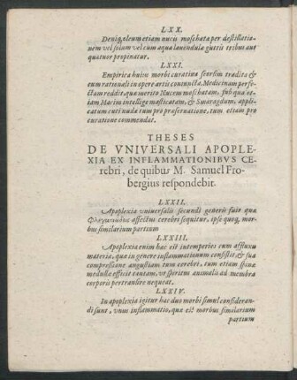 Theses De Universali Apoplexia Ex Inflammationibus Cerebri, de quibus M. Samuel Frobergius respondebit.