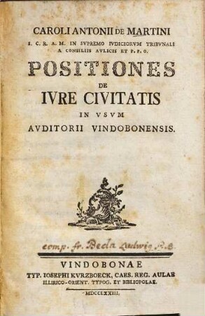 Positiones de iure civitatis in usum auditorii Vindobenensis : Caroli Antonii de Martini