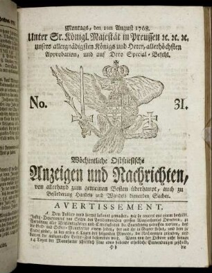No. 31. Montags, den 1ten August 1768.