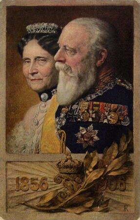 Postkartenalbum August Schweinfurth mit Karlsruher Motiven. Gedenkpostkarte zur Goldenen Hochzeit von Großherzog Friedrich I. und Großherzogin Luise