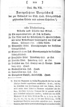 Anl. No. VII. Fortgesetztes Verzeichniß der zur Bibliothek der Schl. Holst. Bibelgesellschaft gehörenden Bibeln und anderen Schriften.