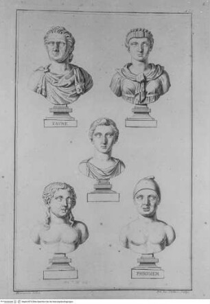 Recueil des marbres antiques qui se trouvent dans la galerie du roy de Pologne à DresdenTafel 175: Fünf antike Büsten ... - Faune - Phrigien - ...