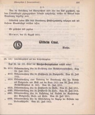 Nr. 145: Inhaltsverzeichnis aus dem Reichs-Gesetzblatt