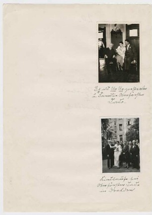 Box mit Dokumentation zur Familiengeschichte von Römmler und Jonas : Doppelseite 20. Rückseite des Deckblattes mit zwei Gruppenbildnissen und Vermerken "Ich als Ururgroßvater und Familie Oberförster Dade" sowie "Kindtaufe bei Oberförster Dade in Dresden."