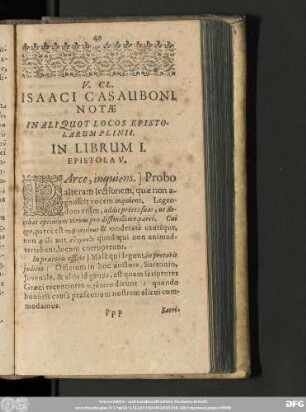 V. Cl. Isaaci Casauboni, Notae In Aliquot Locos Epistolarum Plinii.