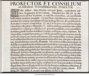 Prorector Et Consilium Academiae Vitembergensis Pvblicvm : Hodie milites, dato hilarius vivendi spatio, explicabunt animos, largiusqve se invitabunt ... P.P. Dom. IV. Trinit. A. recuperatae salutis cIɔ IɔCCII