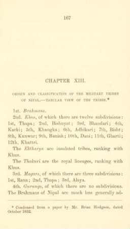 Chapter XIII. Origin and classification of the military tribes of Nipal - Tabular view of the tribes