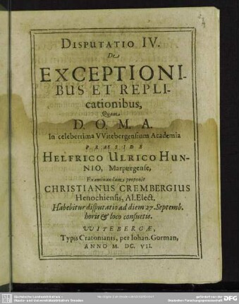 Disputatio IV. de exceptionibus et replicationibus