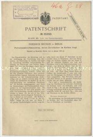 Patentschrift einer Petroleumkraftmaschine, deren Zerstäuber im Kolben liegt, Patent-Nr. 35993