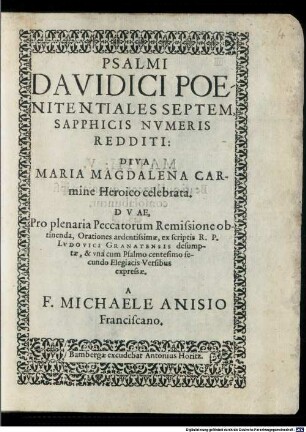 Psalmi Davidici poenitentiales septem sapphicis numeris redditi, diva Maria Magdalena carmine heroico celebrata ...
