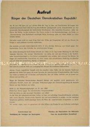 Aufruf der Vereinigung der Verfolgten des Naziregimes und der Nationalen Front zu Massenkundgebungen anlässlich des 10. Jahrestages der Katastrophe von Lidice