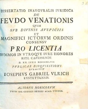 Dissertatio Inavgvralis Ivridica De Fevdo Venationis