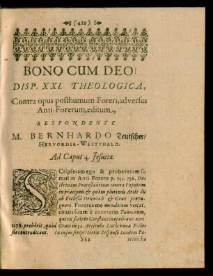 Disp. XXI. Theologica, ... Respondente M. Bernhardo Teutscher/ Hervordia-Westphalo.