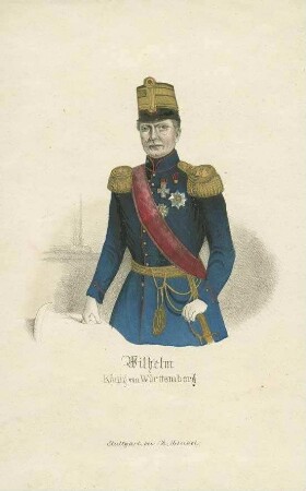 Wilhelm I., König von Württemberg (1781- 1864), in württ. Generalsuniform mit Mütze, Orden und Schärpe, Brustbild in Halbprofil
