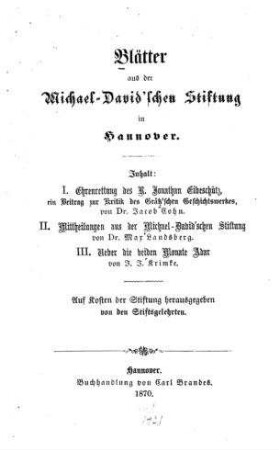 Blätter aus der Michael-David’schen Stiftung in Hannover