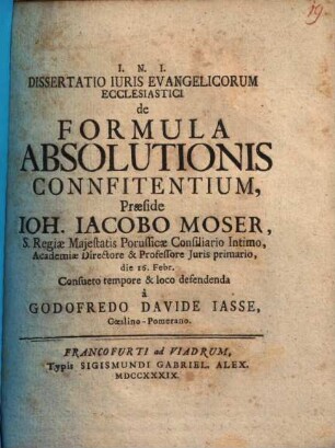Dissertatio iuris evangelicorum ecclesiastici de formula absolutionis connfitentium