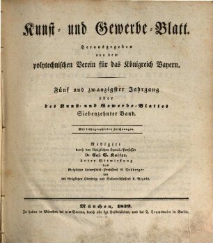 Kunst- und Gewerbeblatt des Polytechnischen Vereins für das Königreich Bayern. 25 = Bd. 17. 1839