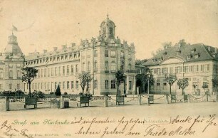 Postkartenalbum mit Motiven von Karlsruhe. "Gruß aus Karlsruhe. Schlosskirche". Ostflügel des Schlosses mit Schlosskapelle