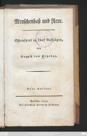 Menschenhaß und Reue : Schauspiel in fünf Aufzügen