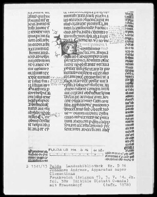 Johannes Andreae, Apparatus super Clementinas — Initiale U (statt O mnis), darin ein Frauenkopf, Folio 38verso