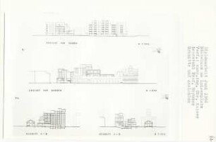 Gästehaus am Luisenplatz, Berlin-Charlottenburg (Diplomarbeit bei Bernhard Hermkes): Ansichten von Süden, Norden und Schnitte 1:200