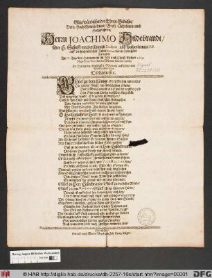 Glückwünschendes Ehren-Gedichte/ Dem HochEhrwürdigen Groß- Achtbarn und Hochgelahrten/ Herrn Joachimo Hildebrandt/ der H. Schrifft weitberühmten Doctori, und wolverdienten P.P. auff der hoch-löblichen Julius-Universität in Helmstädt : Als derselbe Am V. Tage des Hewmonats ... 1659. Magnificus Vice-Rector öffentlich benennet würde