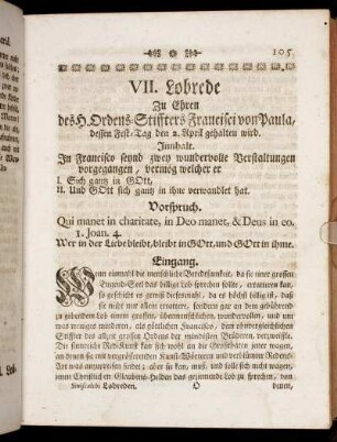 VII. Lobrede Zu Ehren des H. Ordens-Stiffters Francisci von Paula, dessen Fest-Tag den 2. April gehalten wird.