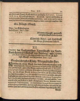 XII. Creditiv der Liefländischen Ritterschafft vor Land-Rath Leonhard Gustaff von Budberg ...