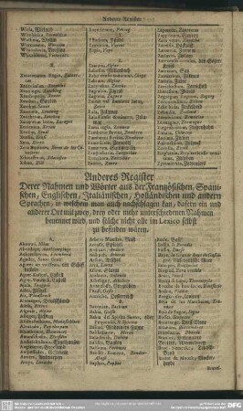 Anderes Register Derer Nahmen und Wörter aus der Fantzösischen, Spanischen, Englischen, Italiänischen, Holländischen und andern Sprachen, in welchem man auch nachschlagen kan ...