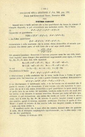 Soluzione di una quistione proposta nell'Educational Times.