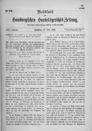 Beiblatt zur hamburgischen Handelsgerichts-Zeitung No. 16. Dritter Jahrgang. Hamburg, 16. Juli 1870.