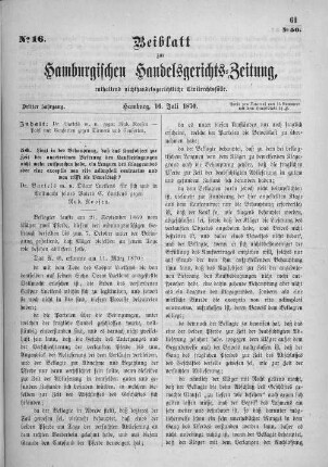 Beiblatt zur hamburgischen Handelsgerichts-Zeitung No. 16. Dritter Jahrgang. Hamburg, 16. Juli 1870.