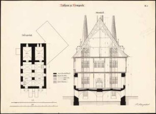 Rathaus, Wernigerode Umbau: Grundriss Keller 1:100, Querschnitt 1:50, baulicher Zustand ab 13. Jhdt. bis 1874