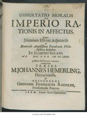 Dissertatio Moralis De Imperio Rationis In Affectus