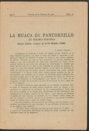 1919001400: La huaca de pancorrillo : (el tesoro perdido) ; novela inédita, original
