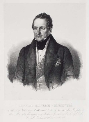 Porträt Gottlob Heinrich von Minckwitz (1775-1851; Oberhofmeister). Steindruck (mit Schrift); 250 x 235 mm. Um 1830. Dresden: Kupferstich-Kabinett A 116 475. Singer 64402