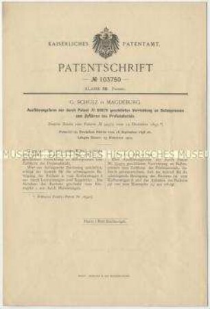 Patentschrift einer Vorrichtung an Ballenpressen für die Zuführung des Preßgutes, Patent-Nr. 103750