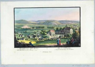 Ansicht von Alt Rohlau (heute Stará Role) und im Hintergrund Karlsbad (heute Karlovy Vary in Tschechien) in Böhmen, Blick nach Süden, Teil einer Reihe Dresdner Stadtansichten bei F. R. Naumann um 1830