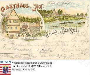 Bürgel, Panorama und Einzelansicht / Gasthaus zum Hof, Besitzer: Augustin Ohlig