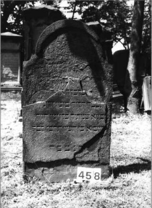 Grabstein 458 (Index: 99629959) Material: Sandstein Zustand: Stele oben abgebrochen/Textverlust Maße HxBxT: 115x61x6 cm Beschreibung: Stele mit eingezogenem Rundbogenabschluß: Grabstein 458