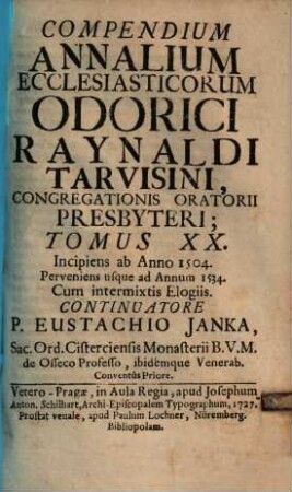 Compendium Annalium Ecclesiasticorum Eminentissimi Cardinalis Caesaris Baronii, 20. Incipiens ab Anno 1504. Perveniens usque ad Annum 1534