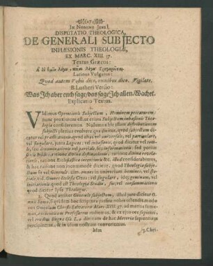 Disputatio Theologica, De Generali Subiecto Inhaesonis Theologiae
