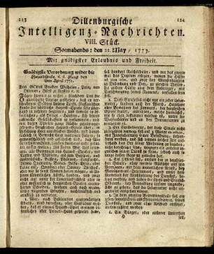 VIII. Stück. Sonnabends: den 22. May / 1773.