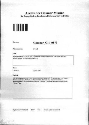 Korrespondenz zu Druck und Vertrieb der Missionszeitschrift "Die Biene auf dem M