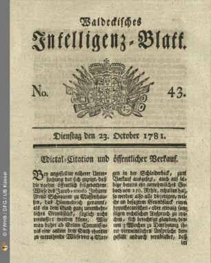 No. 43, Dienstag den 23. October 1781