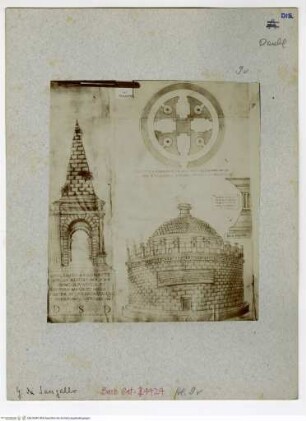 Il Libro di Giuliano da Sangallo, Grundriss und Fassade des Mausoleums des Lucius Munatius Plancus in Gaeta