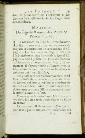 Maximes Du siege de Rome, des Papes & Princes d'Italie.